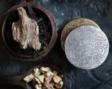Load image into Gallery viewer, Figure 1: Noir Solid Perfume Round Compact with Crochet Pouch

